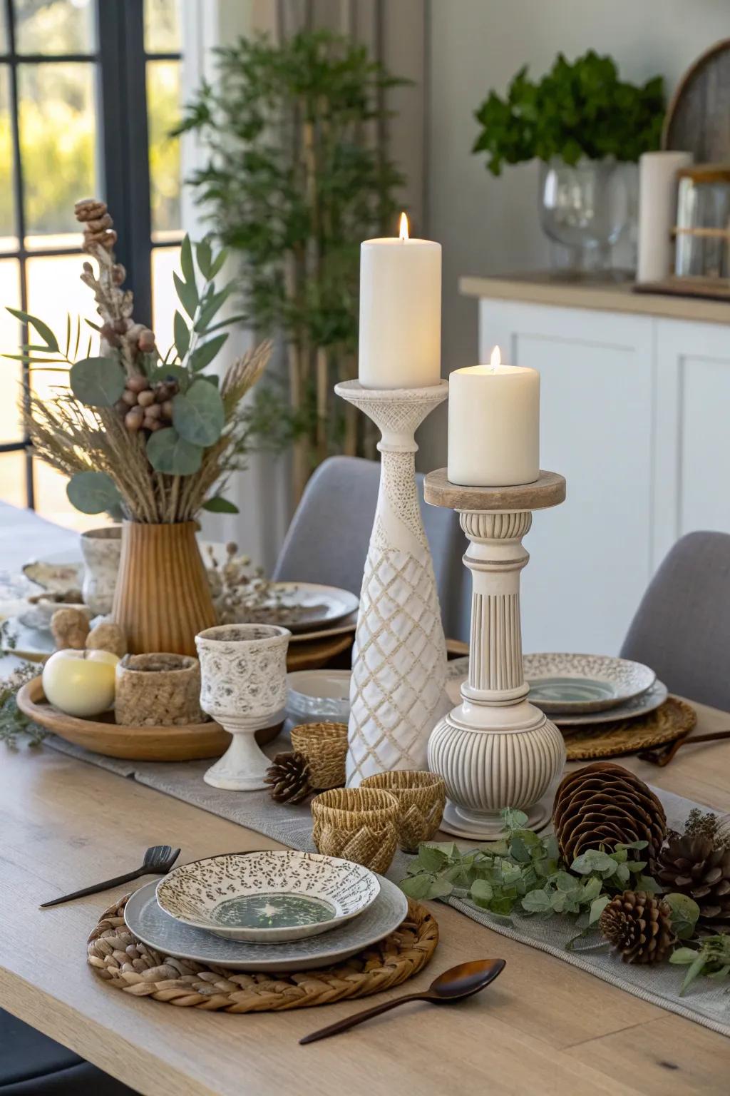 A dining table with decor items of varying heights.