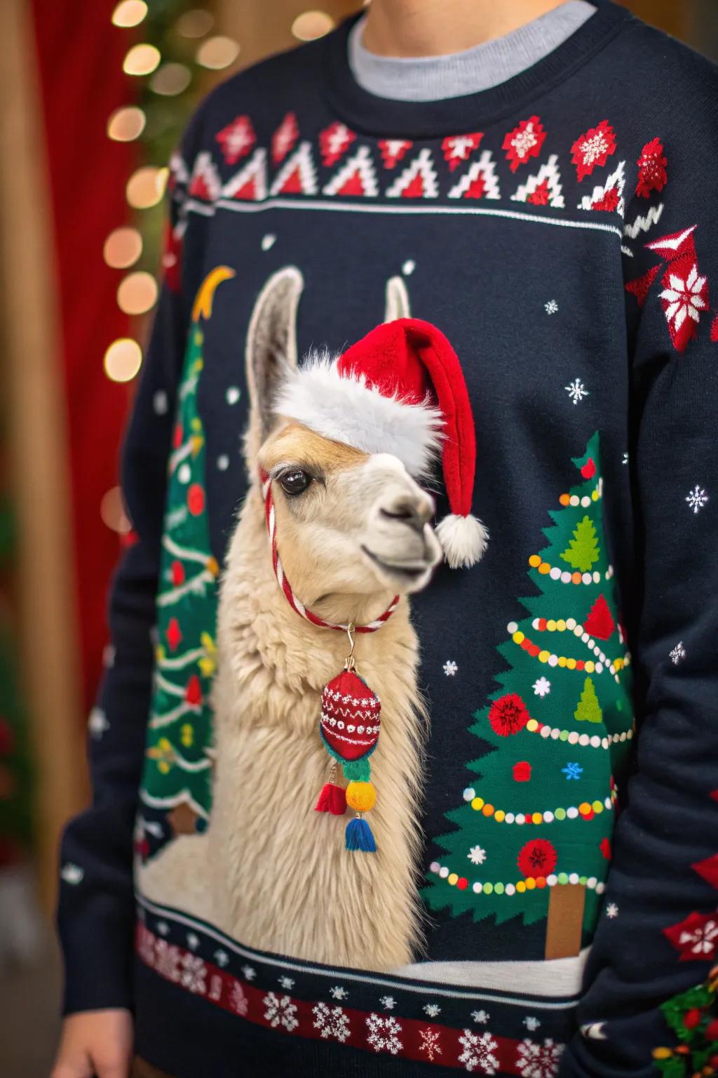 A festive llama adds a quirky twist to the holiday look.