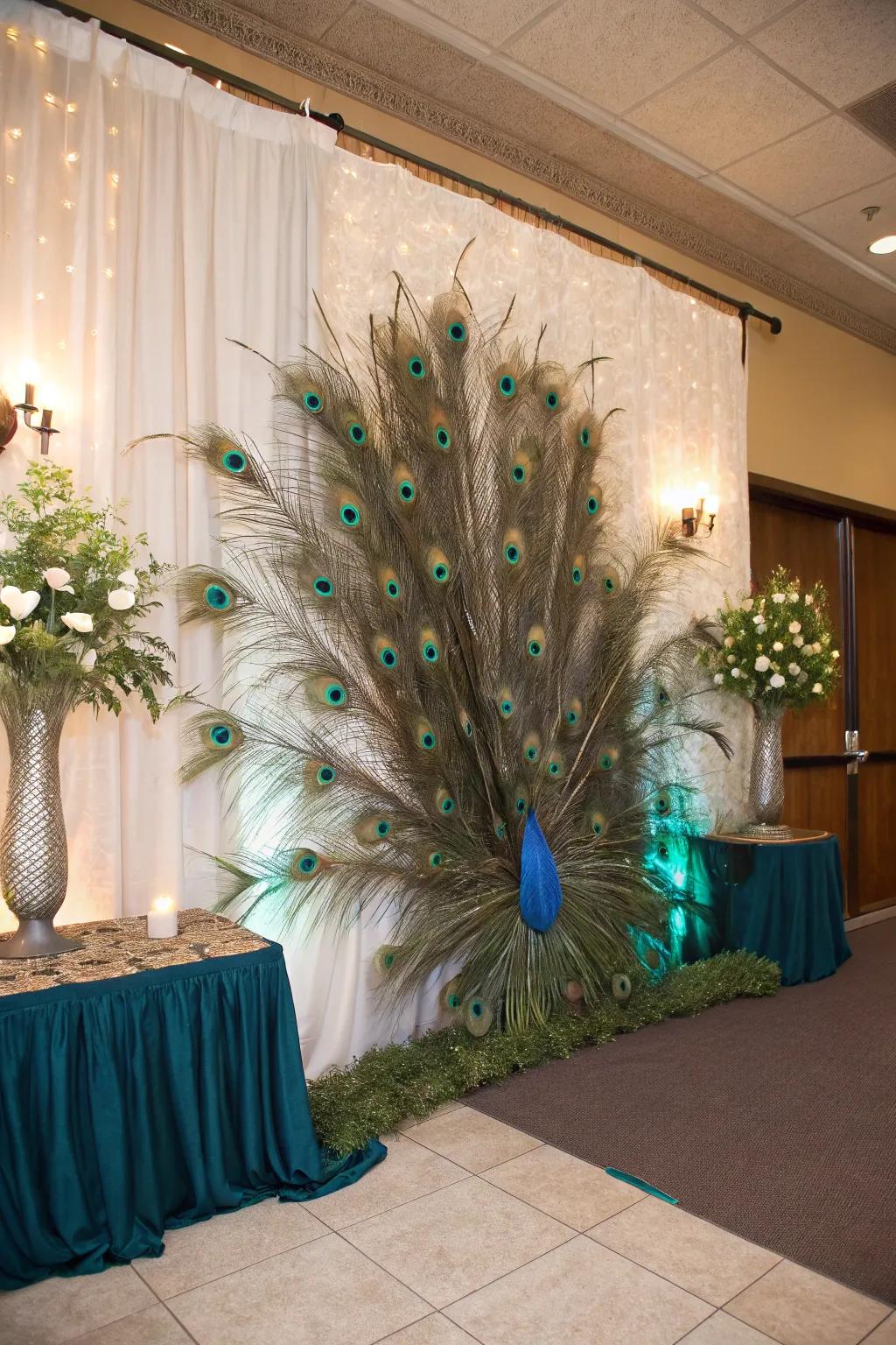 Peacock feathers add a touch of royalty and contrast.