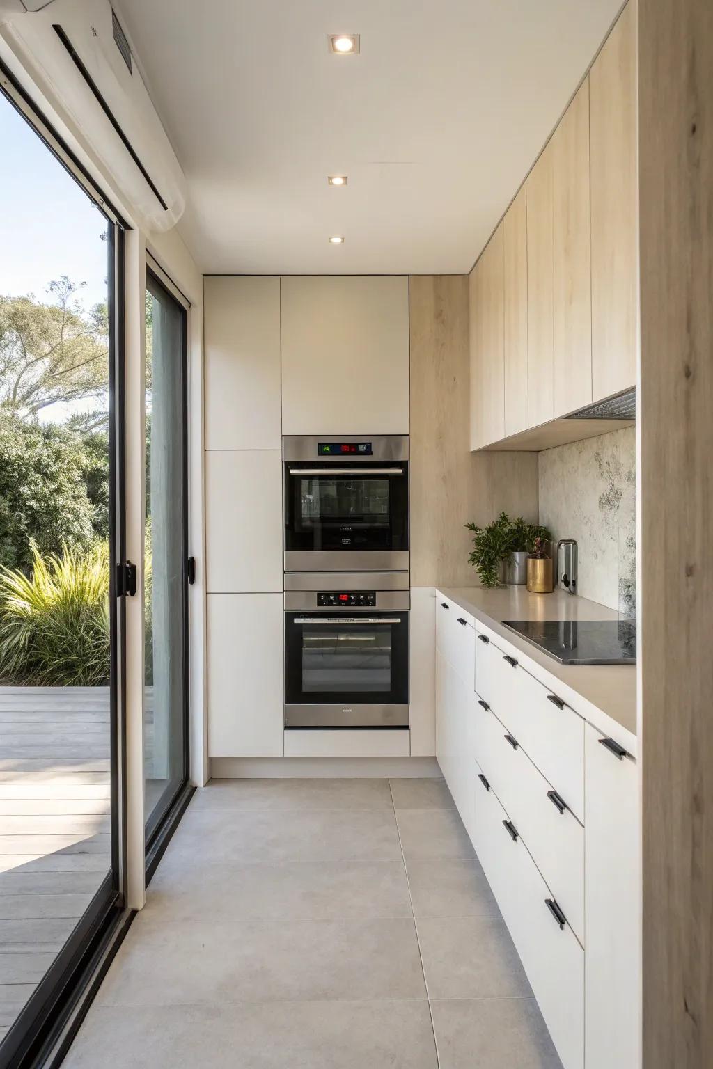 A compact kitchen featuring a slide-in double oven that saves space and enhances style.