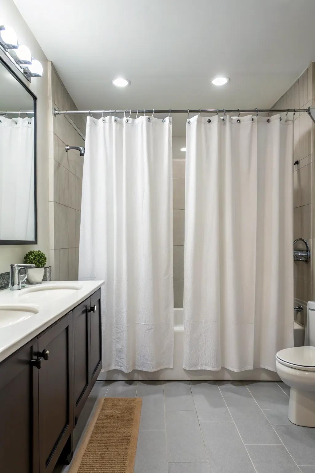 Symmetry in curtain design enhances balance in a minimalist bathroom.