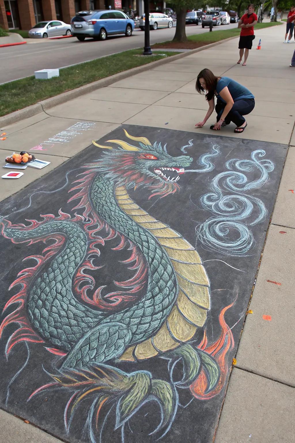 A fantasy dragon brings mythical charm to the pavement.