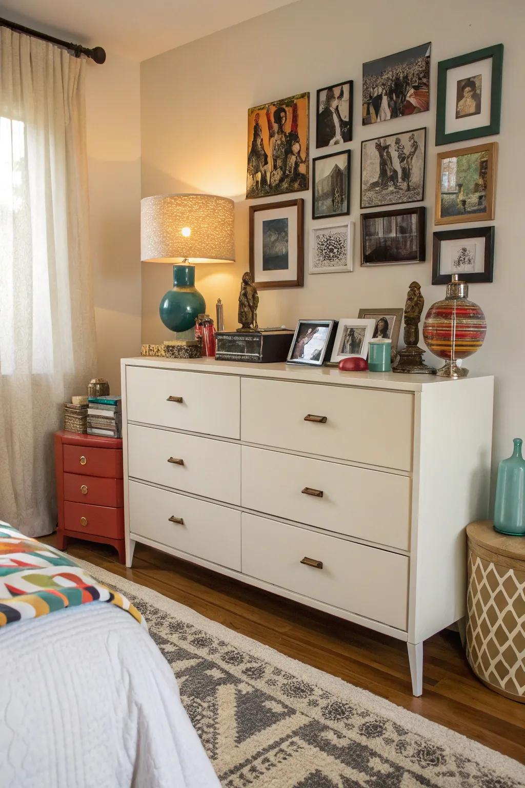 Eclectic treasures create a unique and bohemian dresser aesthetic.