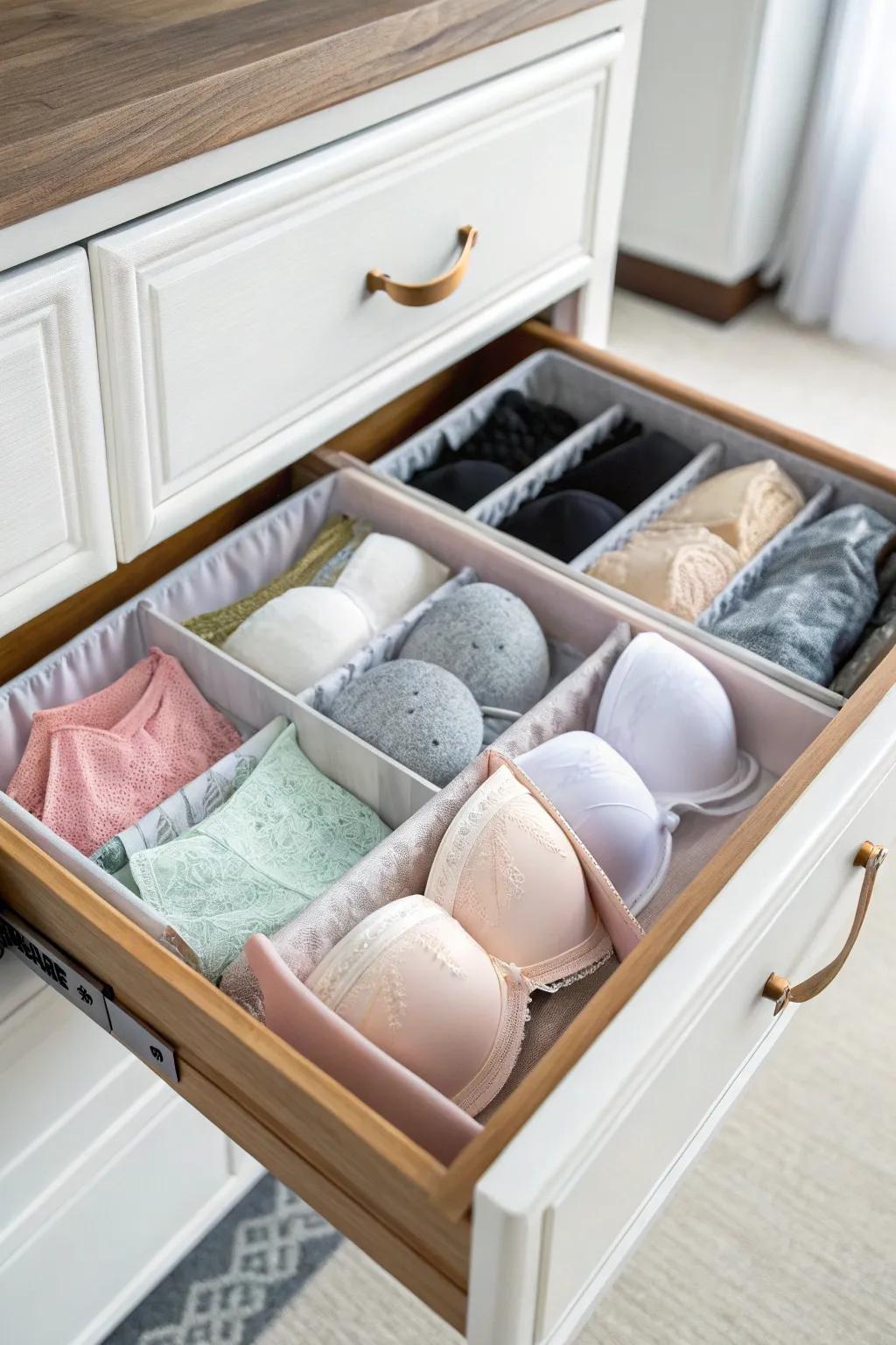 Bra organizer for tidy and supportive storage.