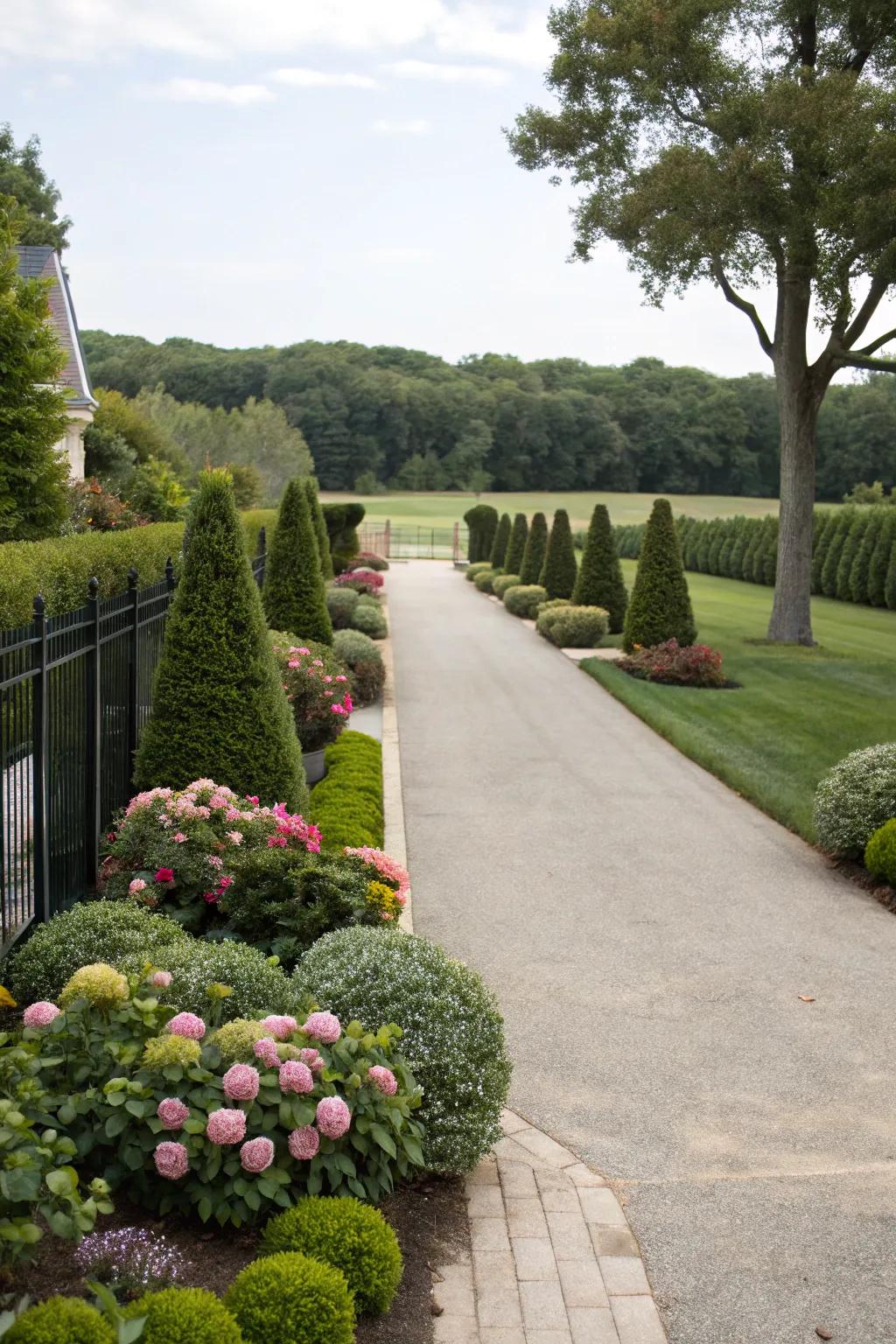 Elegant symmetrical planting lining the driveway.