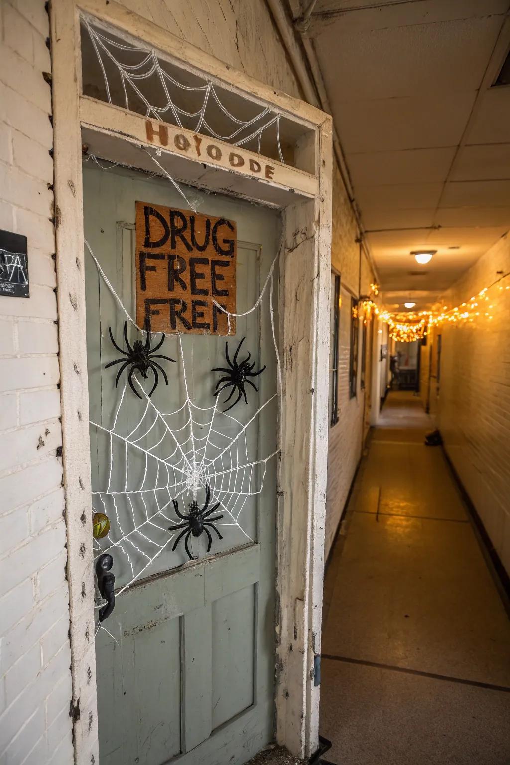 A spider web-themed door decoration with a drug-free message.