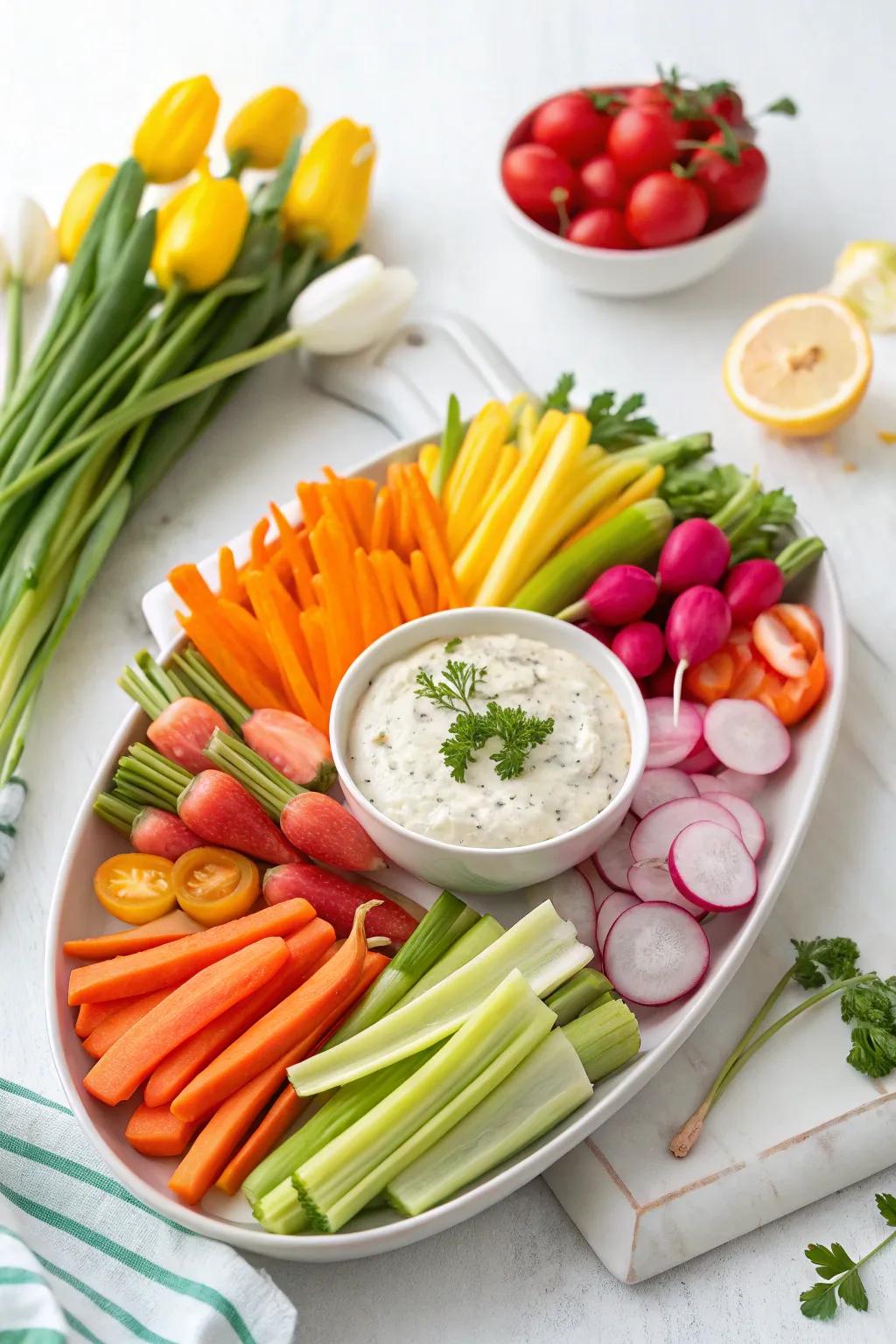 A refreshing spring veggie crudité platter to complement your Easter feast.