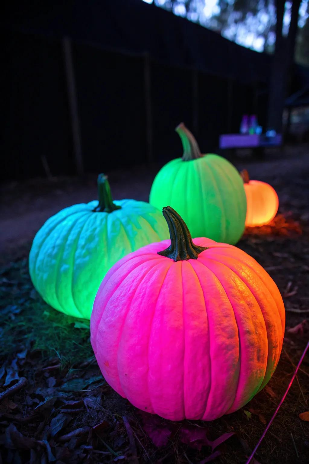 Neon-painted pumpkins create a ghoulish glow, ideal for a spooky Halloween atmosphere.