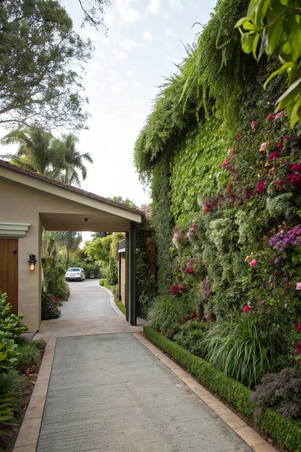 Vertical gardens add dimension and lush greenery.