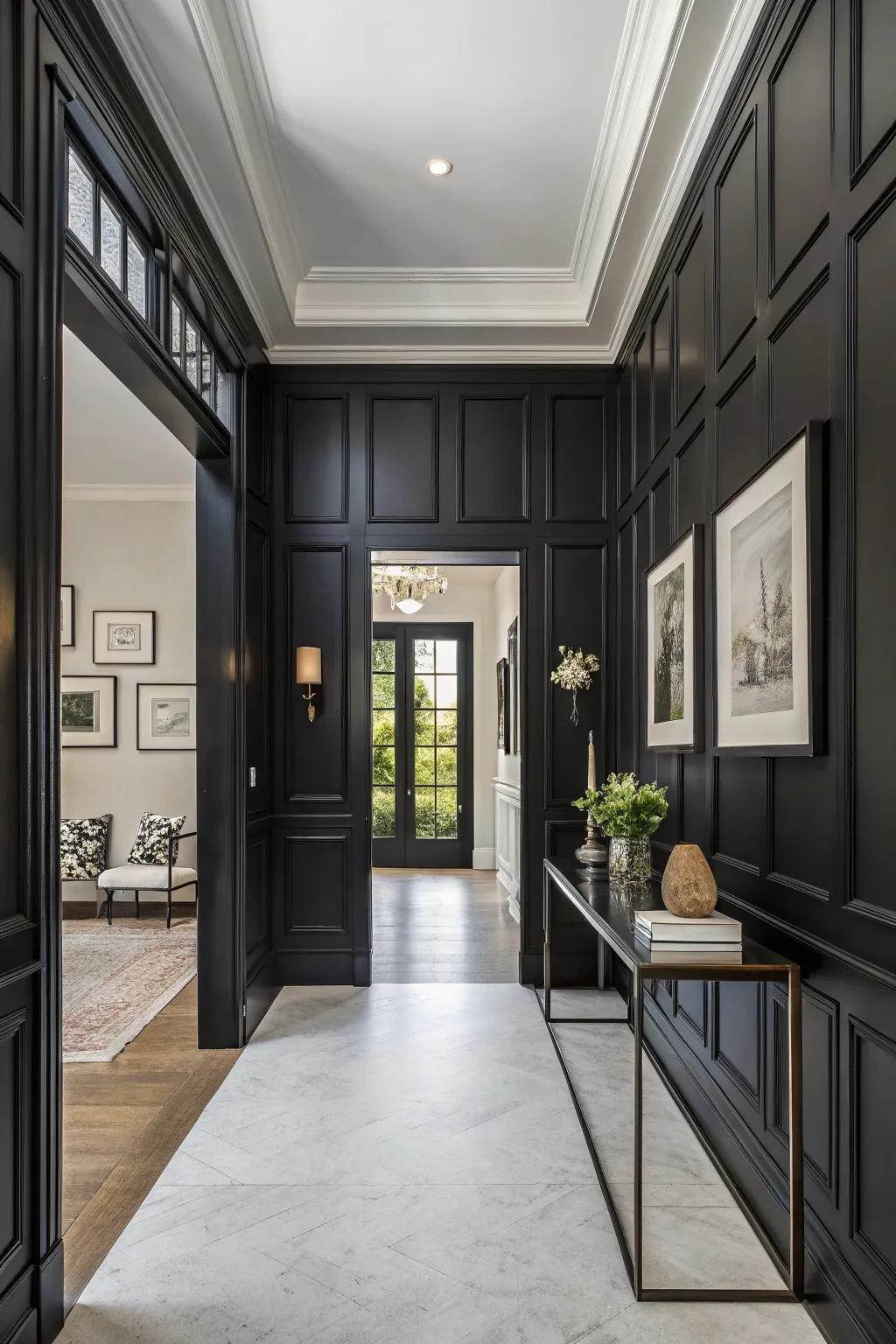 Black paneling adds drama and sophistication to the entryway.