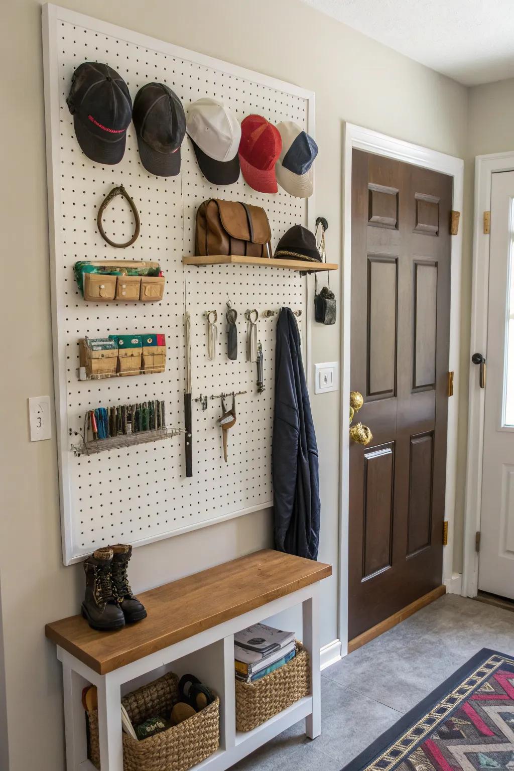 A pegboard wall offers customizable storage options.