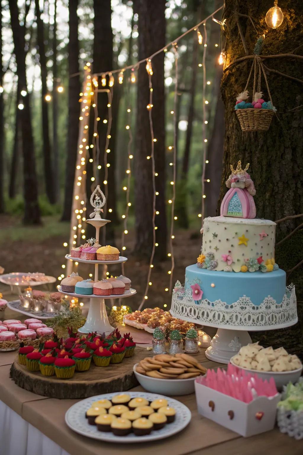 A delightful dessert table with fairy tale-themed goodies.