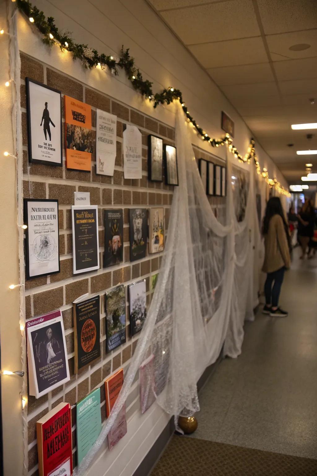 A spooky haunted book nook-themed bulletin board.