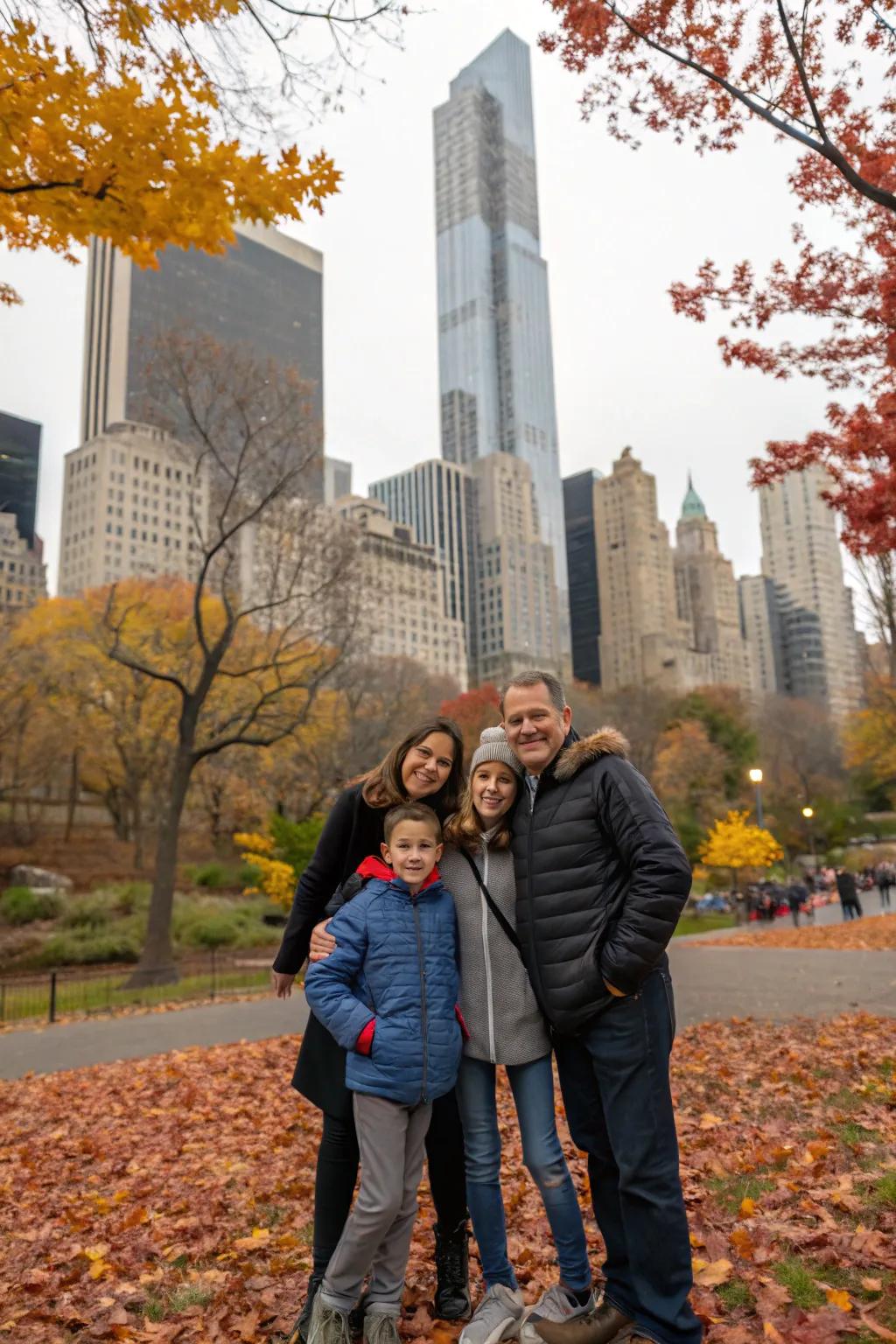 An urban park offers a dynamic mix of city and nature for fall family photos.
