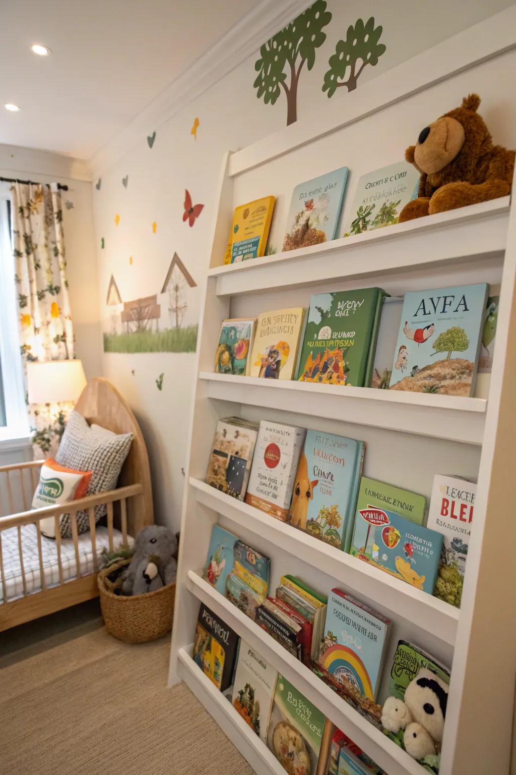 Storybooks enhance both decor and bonding time in a nursery.