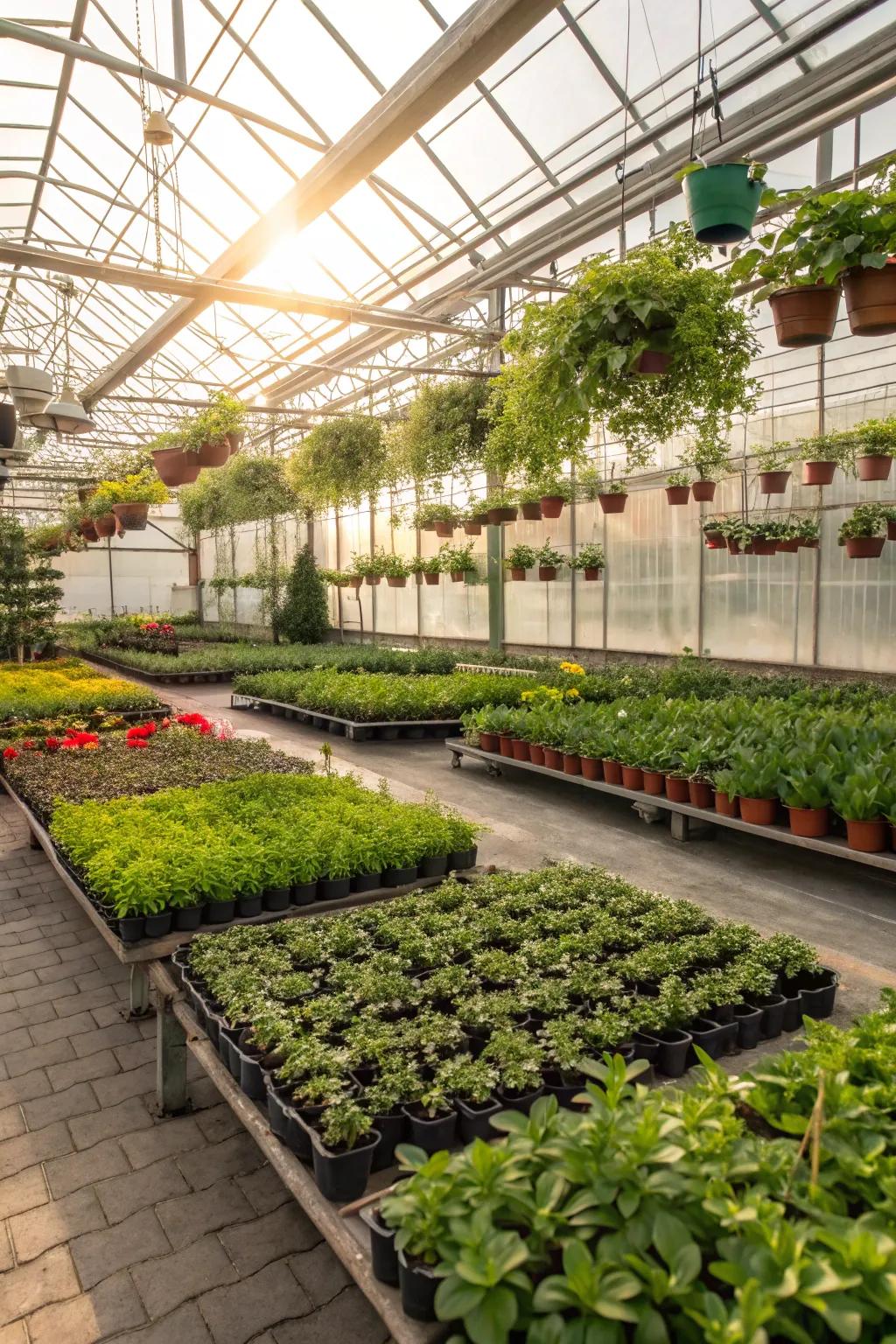 A bustling greenhouse, ideal for nurturing plants year-round.