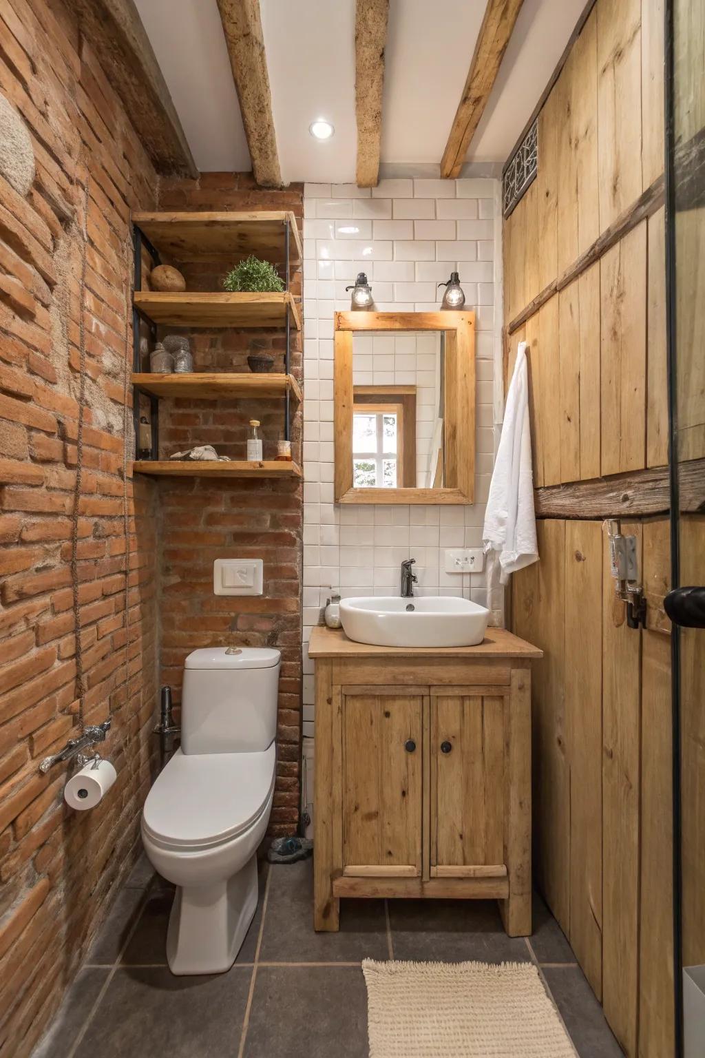 Clever layout maximizes space and style in this small farmhouse bathroom.