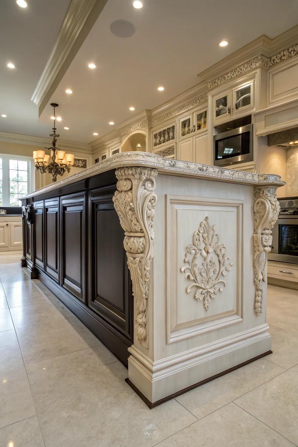 Luxurious kitchen island with faux molding details.