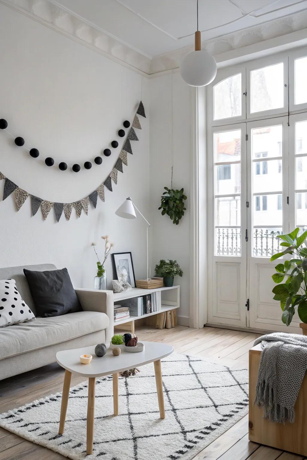 Monochrome felt garlands enhance the simplicity and elegance of Scandi interiors.