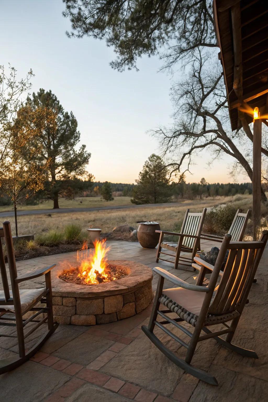 Vintage rocking chairs add nostalgic charm to the fire pit area.