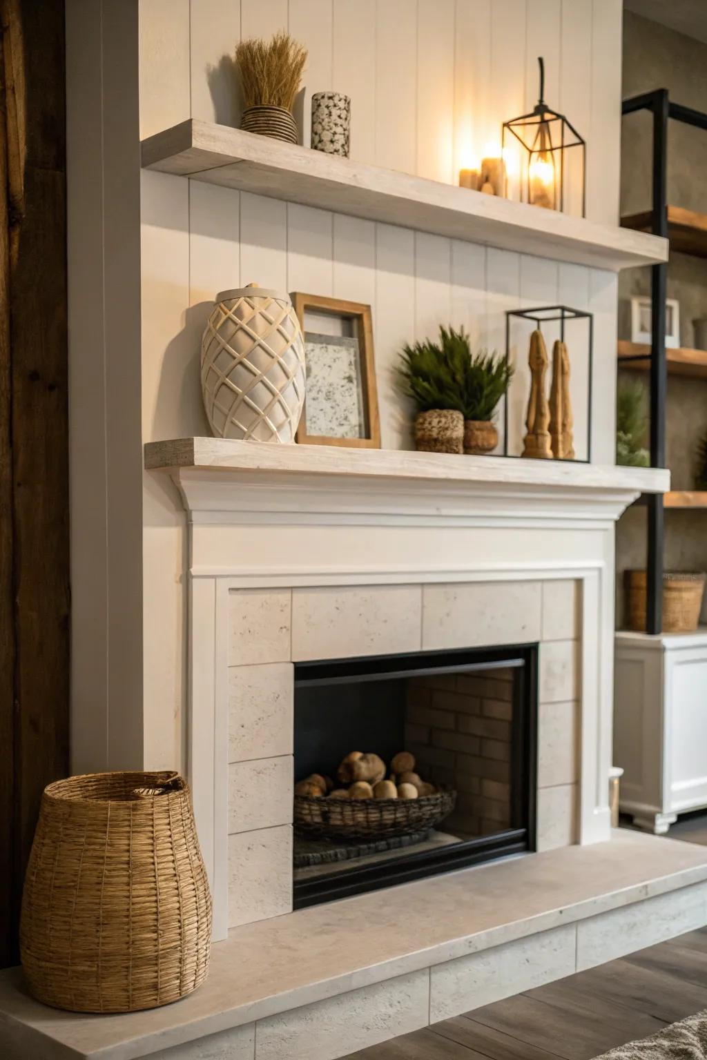 Floating shelves provide a sleek, modern look around the fireplace.