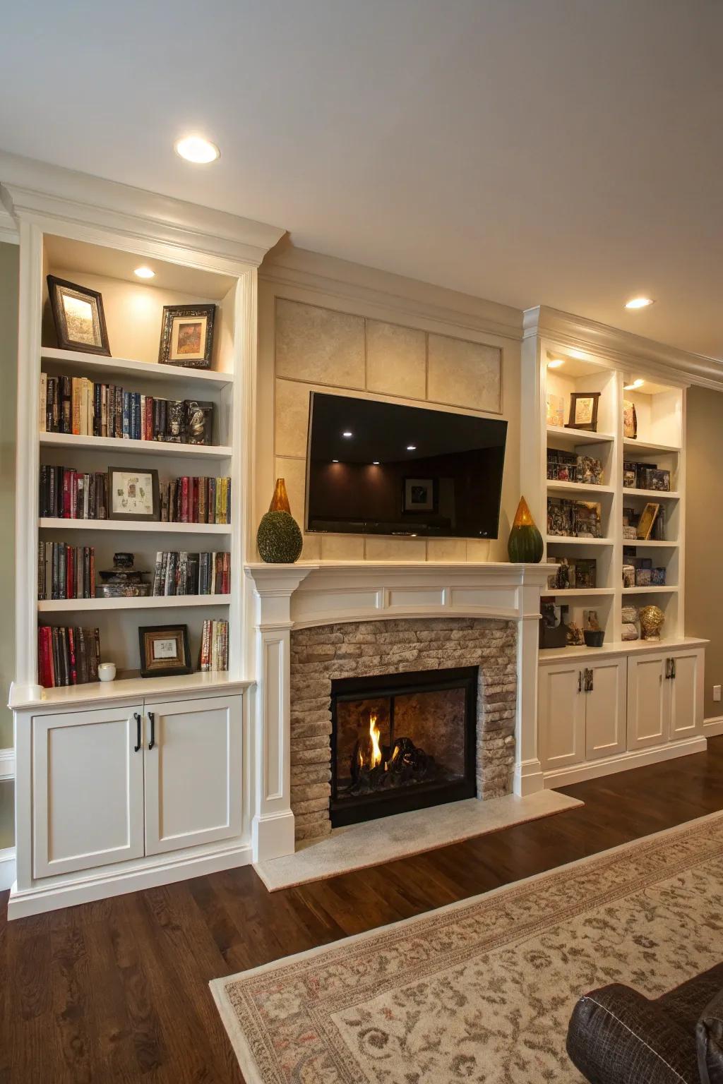 Living room with symmetrical built-ins around a fireplace wall and TV.