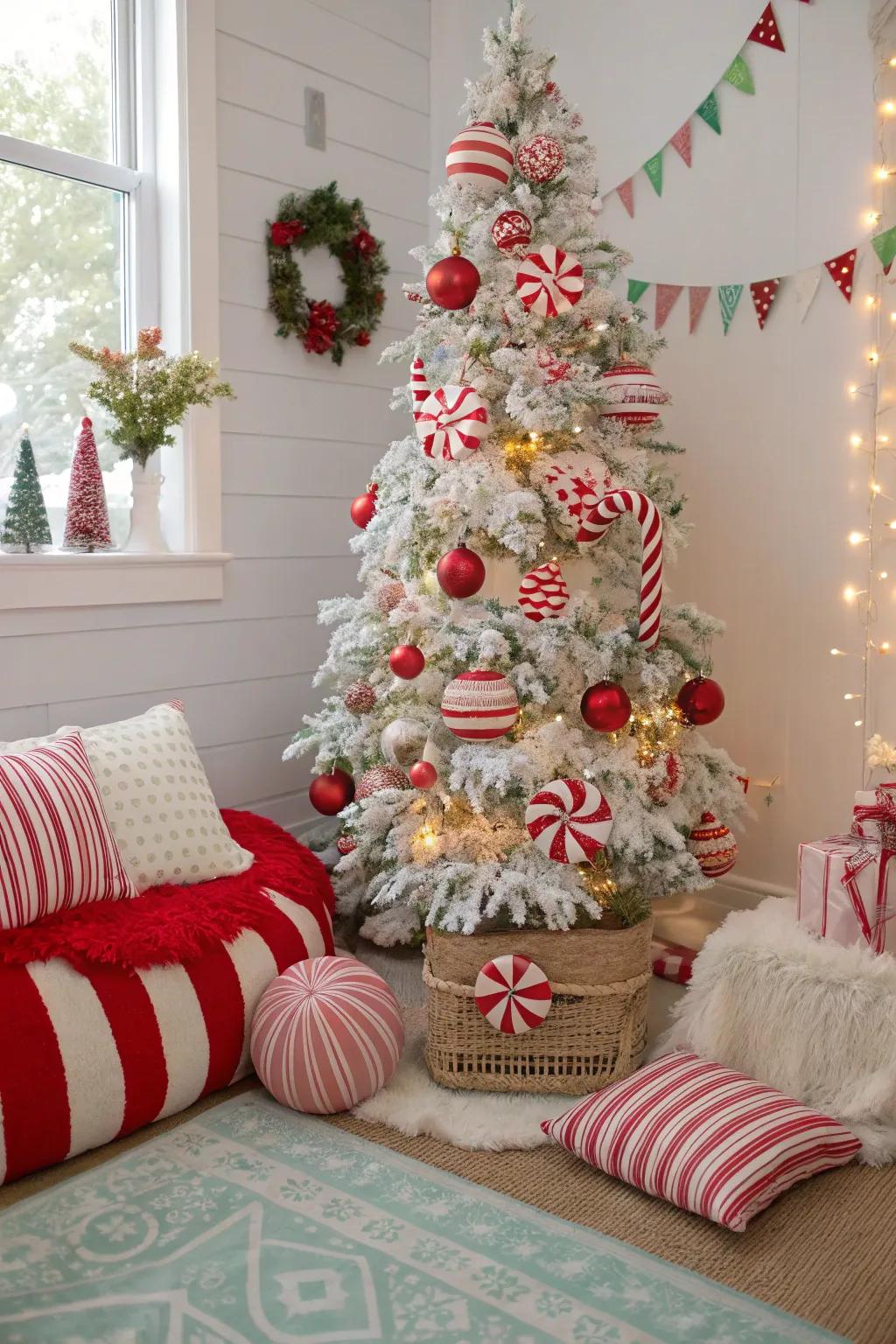 A peppermint paradise-themed flocked Christmas tree.