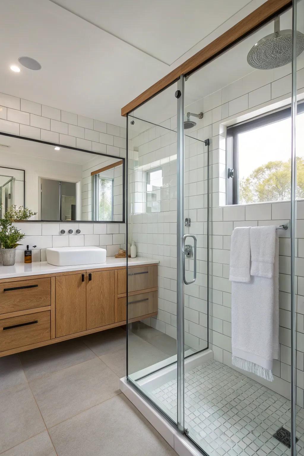 Glass shower enclosures keep the design open and modern.