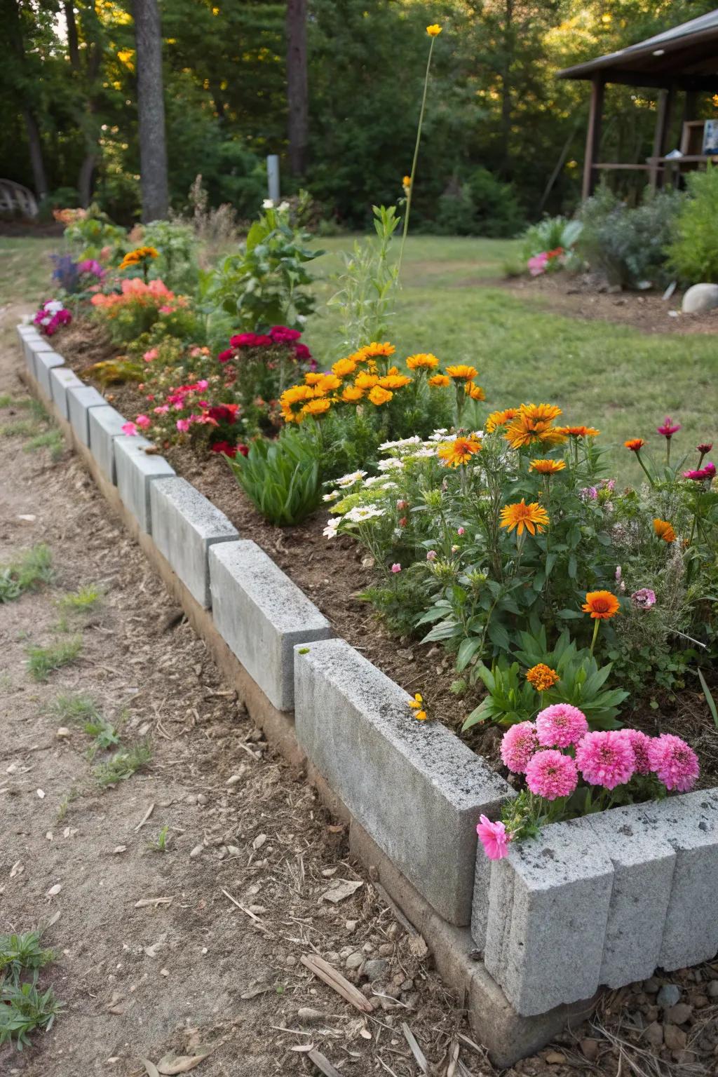 Cinder blocks provide a sturdy and rustic flower bed border.