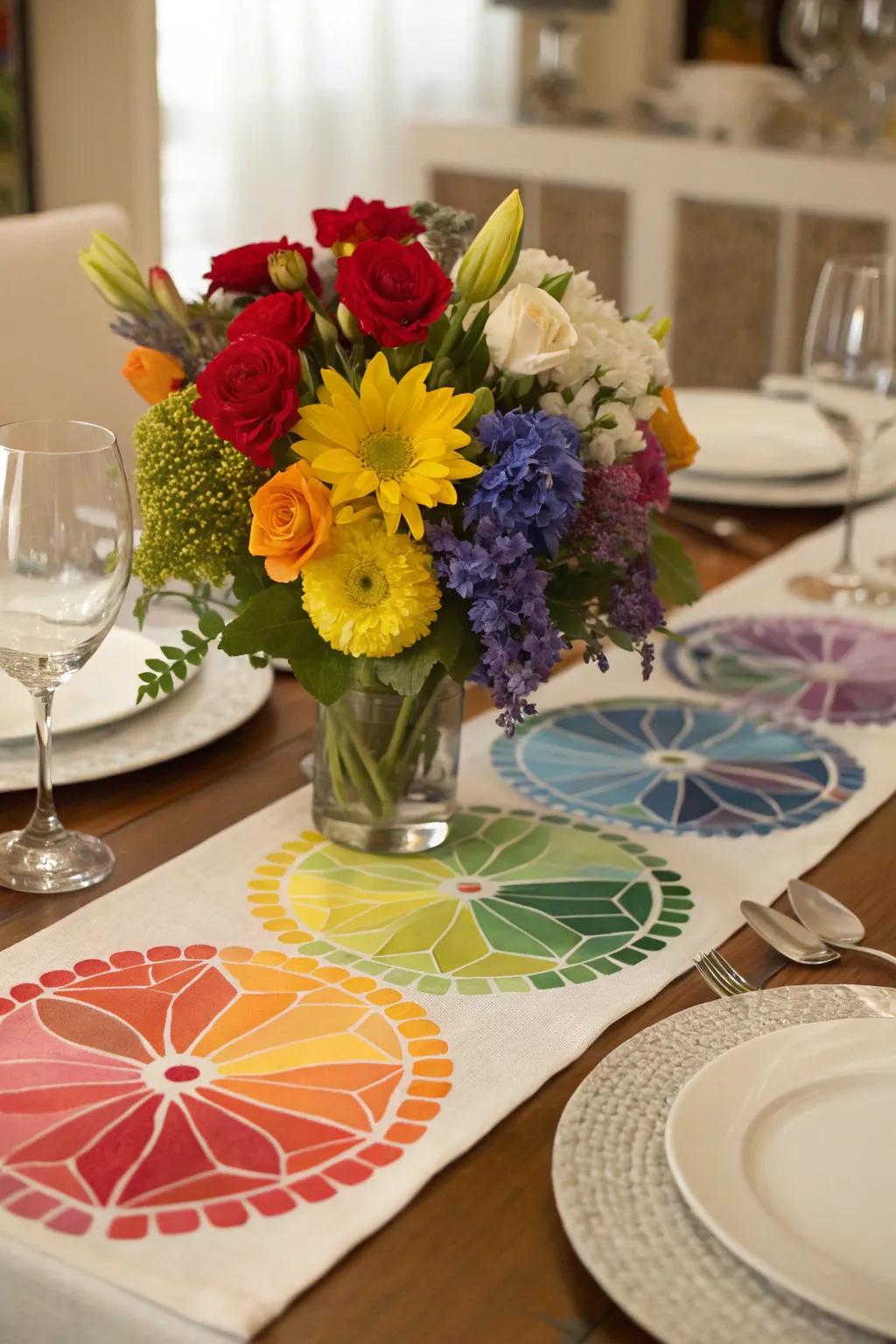 A flower color wheel table runner adds elegance and color to dining.