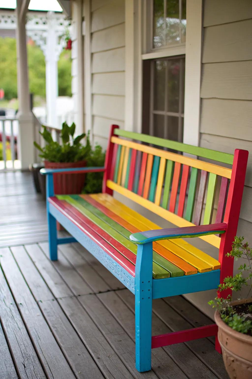 A vibrantly painted bench creates a cheerful porch atmosphere.