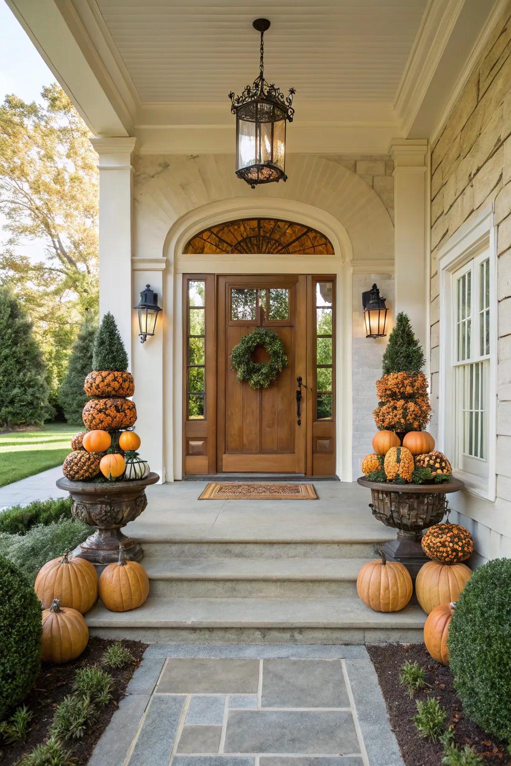 Pumpkin topiaries offer a sophisticated twist on traditional decor.