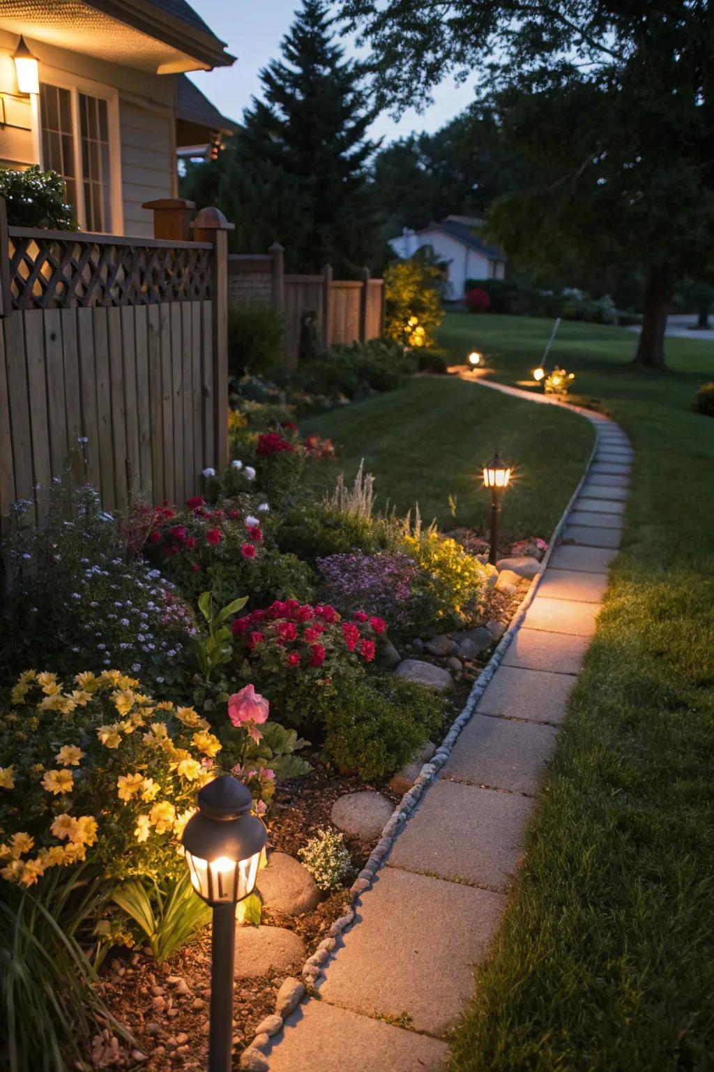 Create an evening glow with lighting in your flower beds.