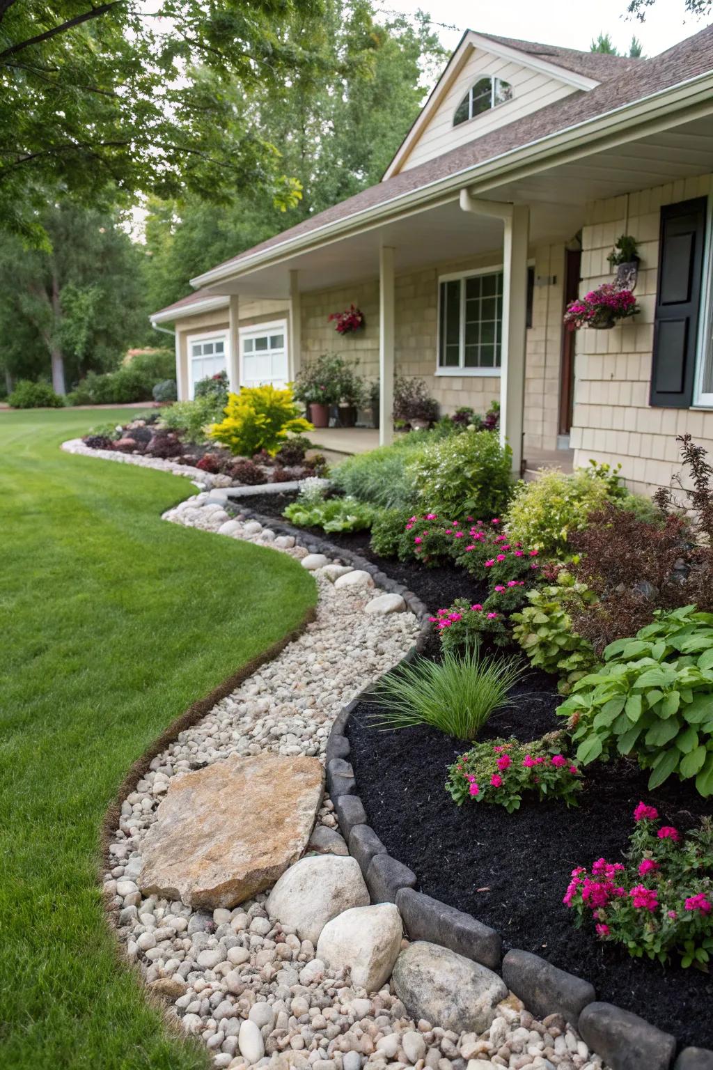 Color and texture contrast enhancing the front yard