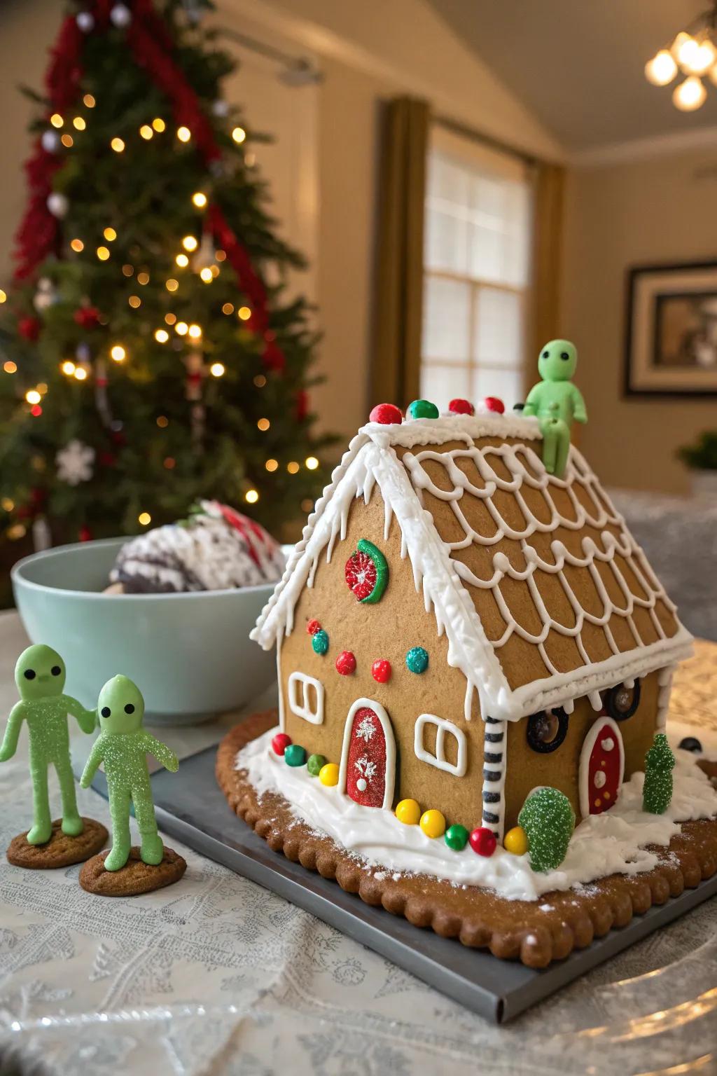 An outer space-themed gingerbread house