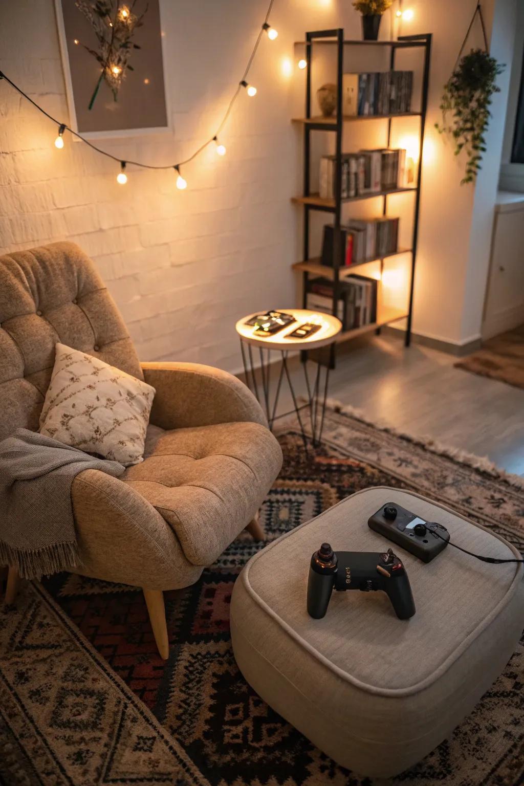 A cozy nook offers relaxation amidst gaming.