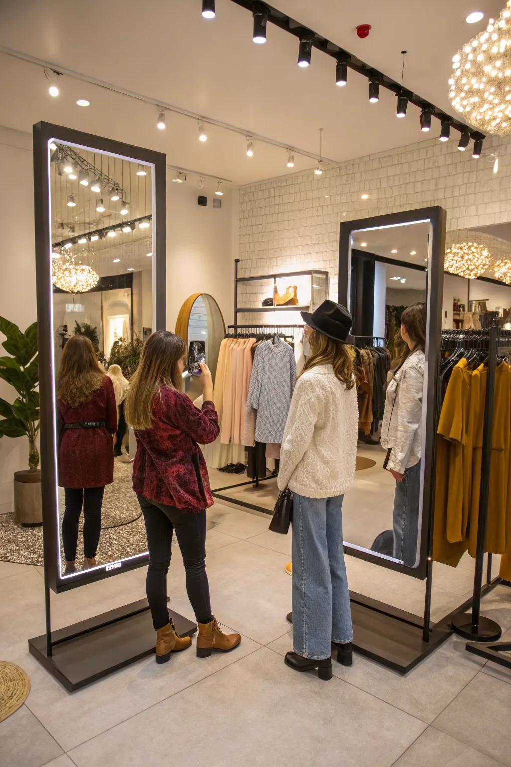 Interactive mirrors for a smart shopping experience in a garage boutique.