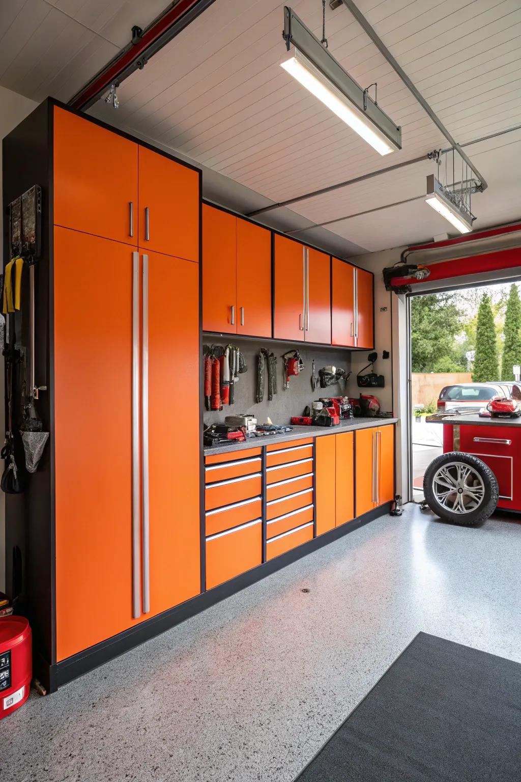 Vibrant orange cabinets create an energetic impact.