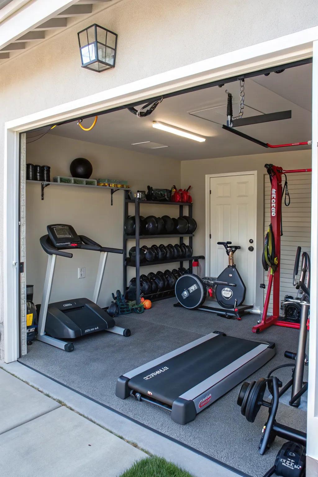 A home fitness studio seamlessly integrated into a garage.