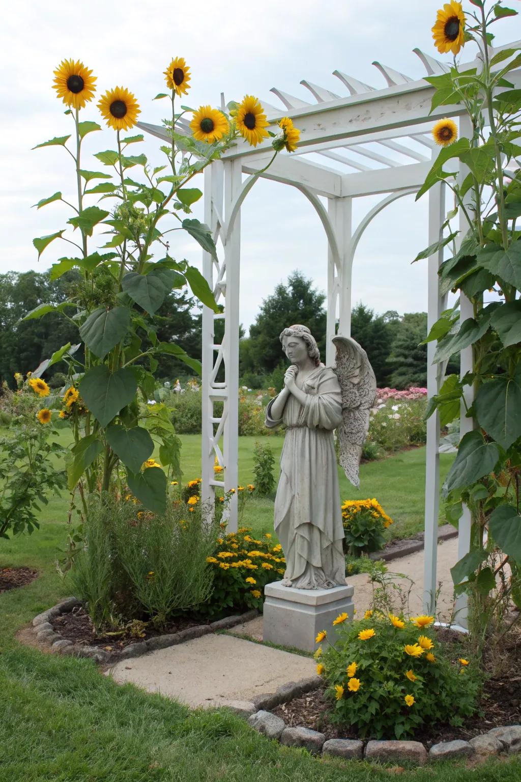 Sunflower-themed garden corner with an angel.