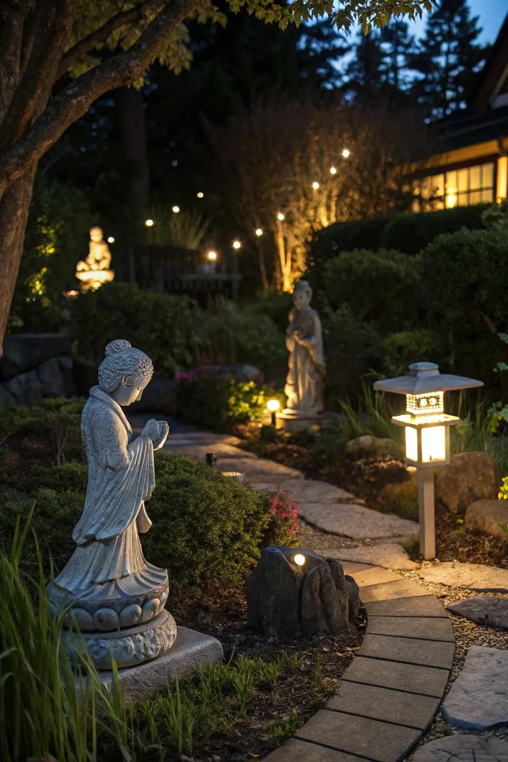 Bring character to your garden with lighted statues.