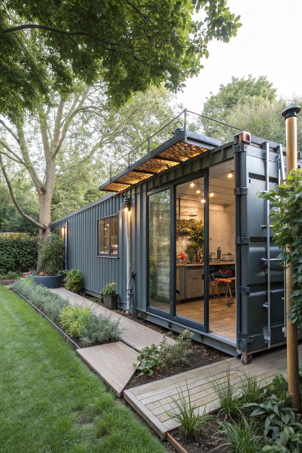 An industrial-style garden office in a shipping container, offering durability and style.