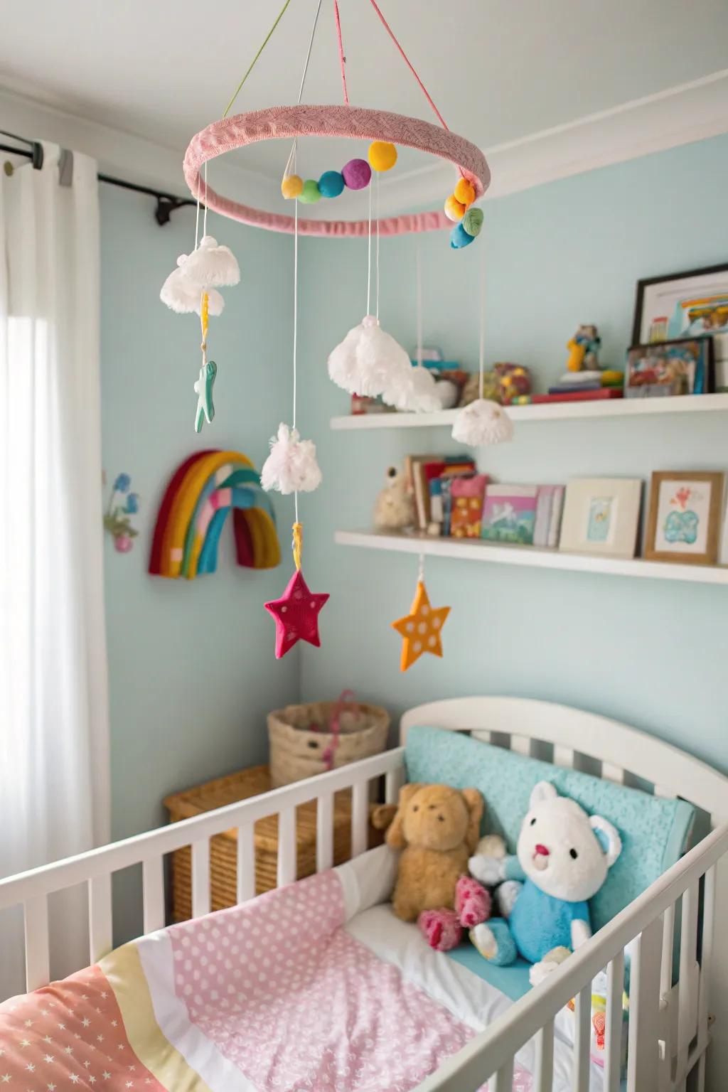 A ceiling mobile captivates and calms your baby.