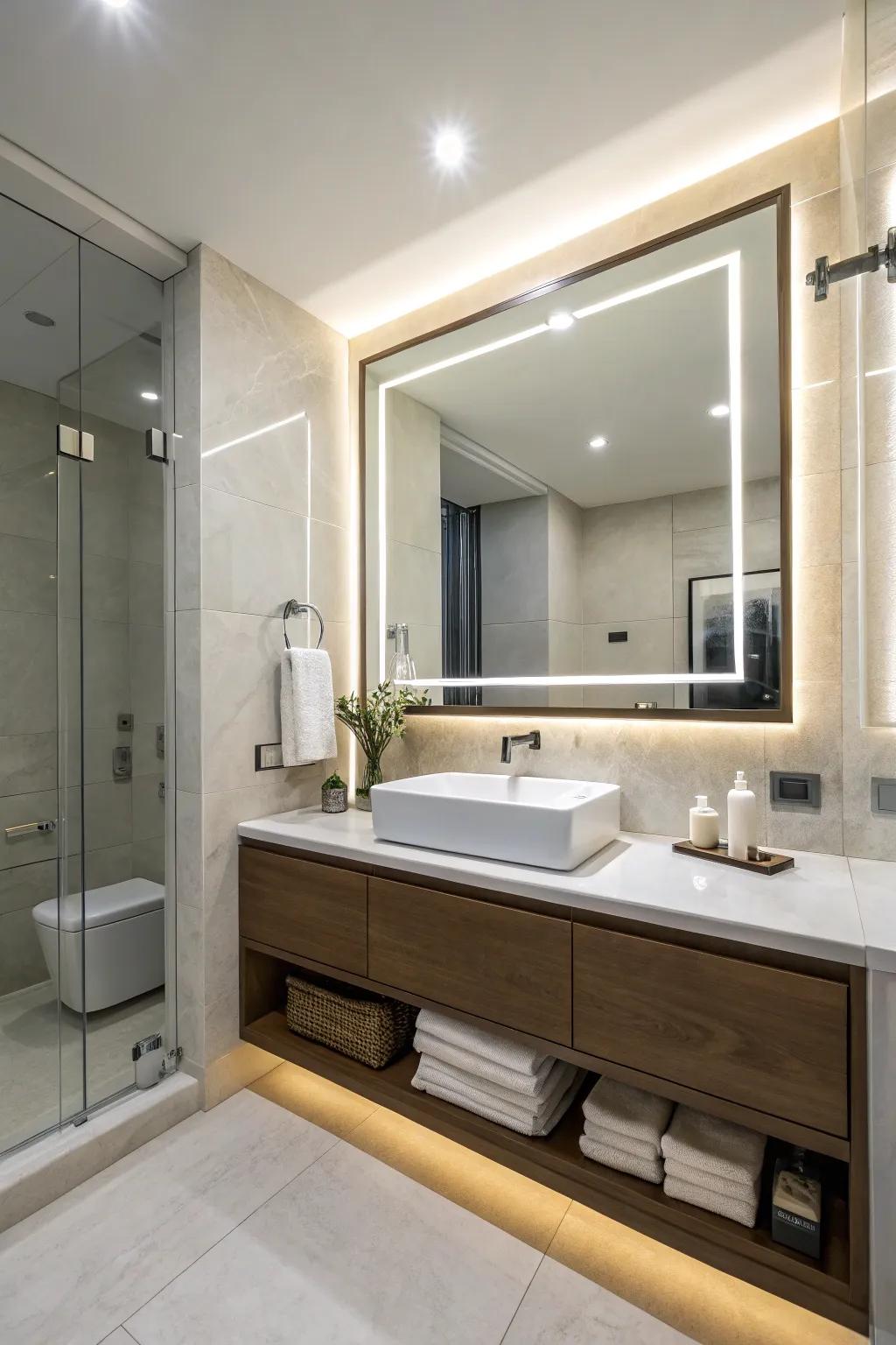 A modern bathroom featuring a backlit mirror and sleek design.