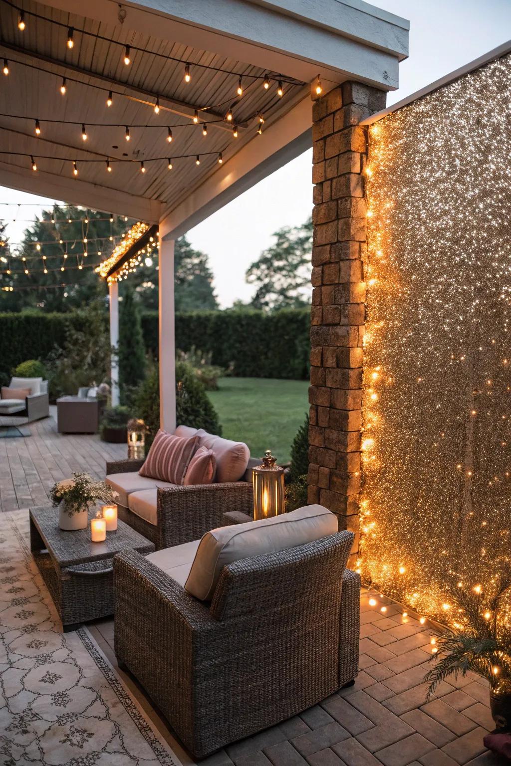 A glitter accent wall adds glow to an outdoor patio.