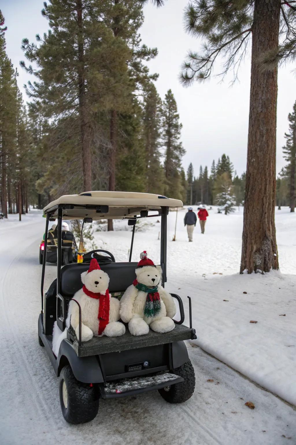 Polar bears add a whimsical touch to this golf cart.