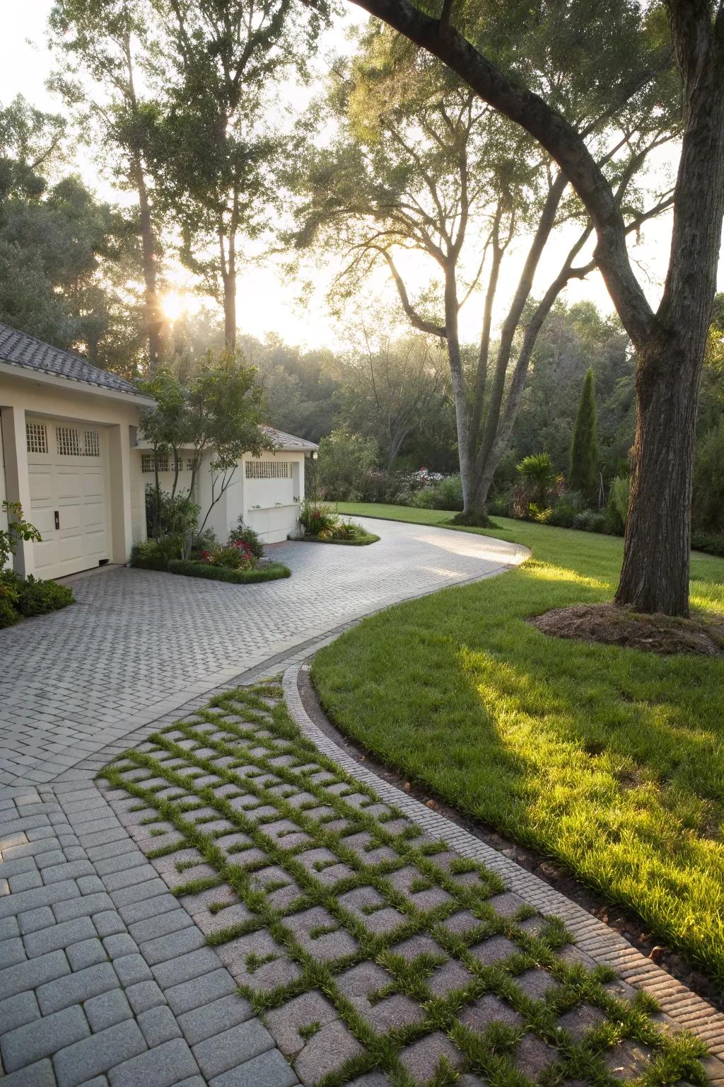 Permeable pavers ensure drainage and maintain a green aesthetic.