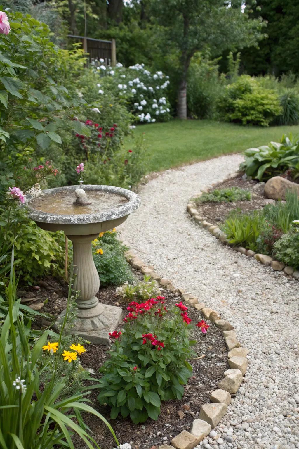 A wildlife-friendly gravel flower bed with a birdbath