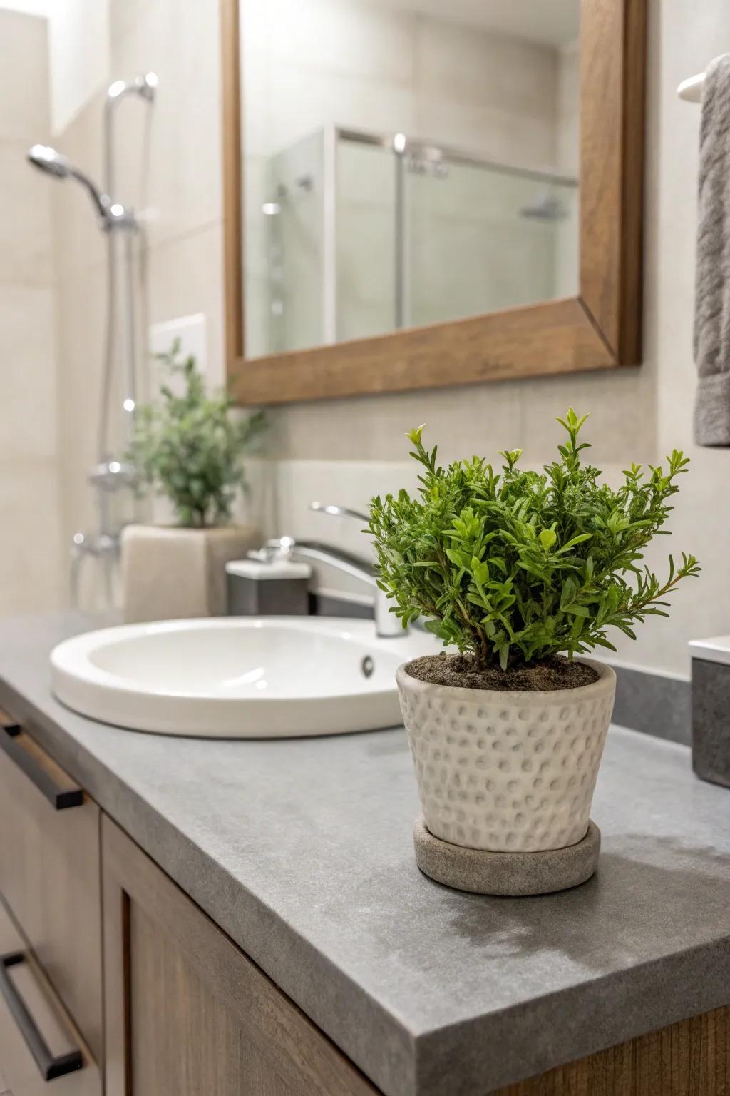 A touch of greenery brings life to this gray and white space.