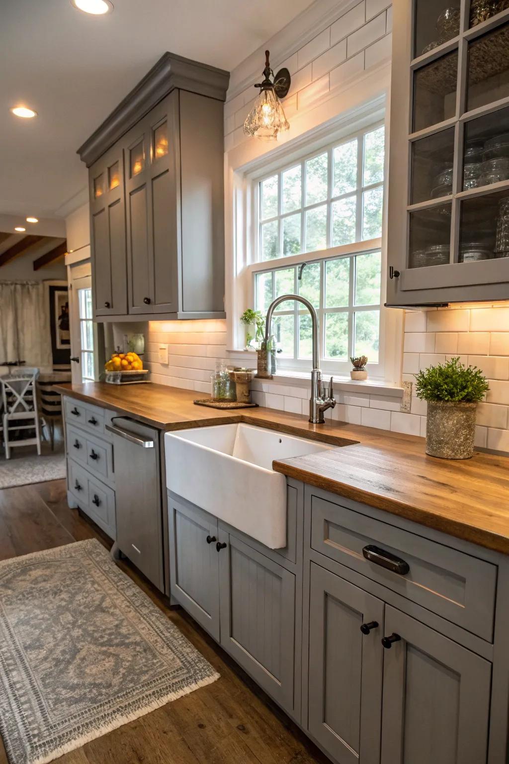 A farmhouse sink adds charm and functionality to gray cabinets.